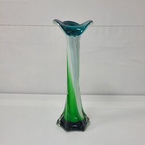 Vintage Swung Vase Emerald White Blue 10.5" MCM Blown Glass ‎ Jack In The Pulpit